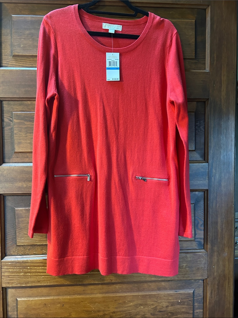 Michael Kors Red Long-Sleeve Knit Tunic with Faux Front Zip Pockets